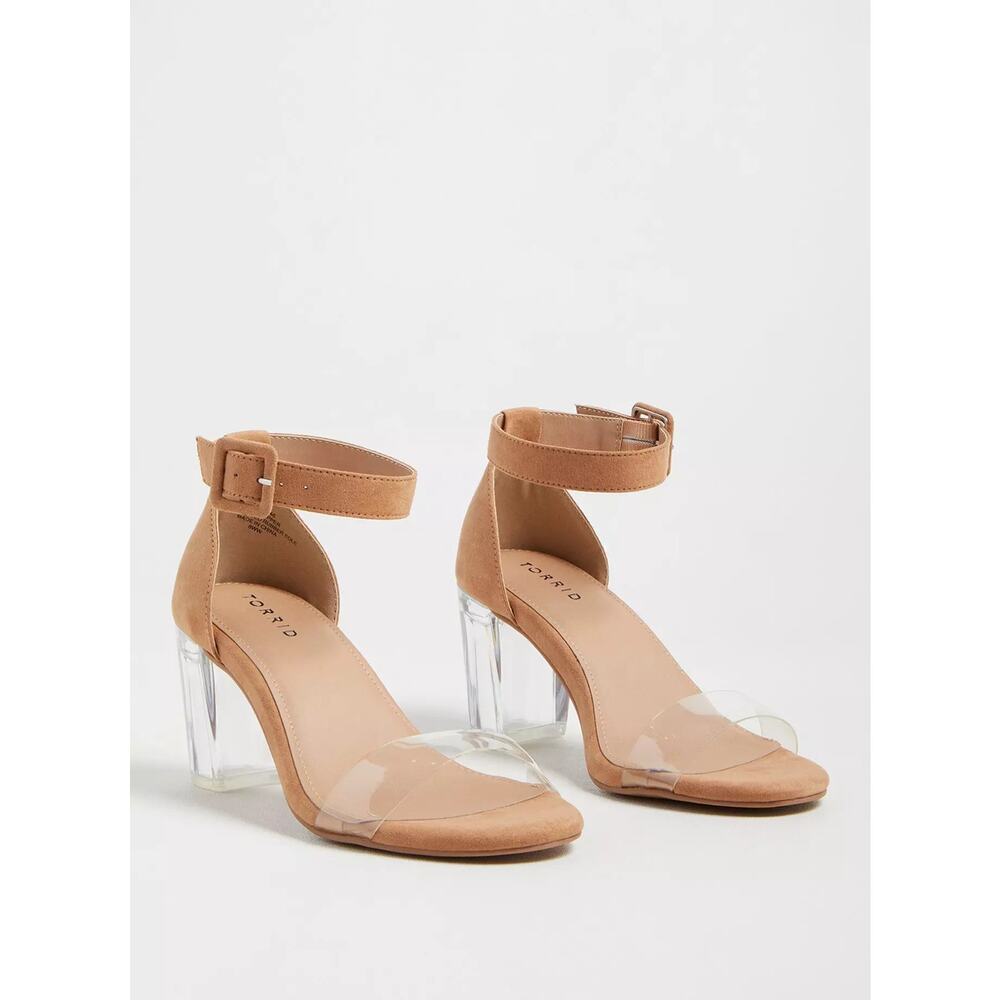 NWT Torrid Translucent Block Heel Faux Suede Camel Sandal Shoe Plus Size: 7.5W